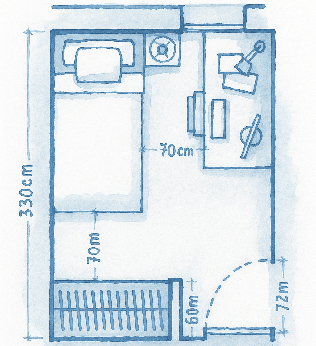 Single Bedroom with Balanced Bed and Desk Position