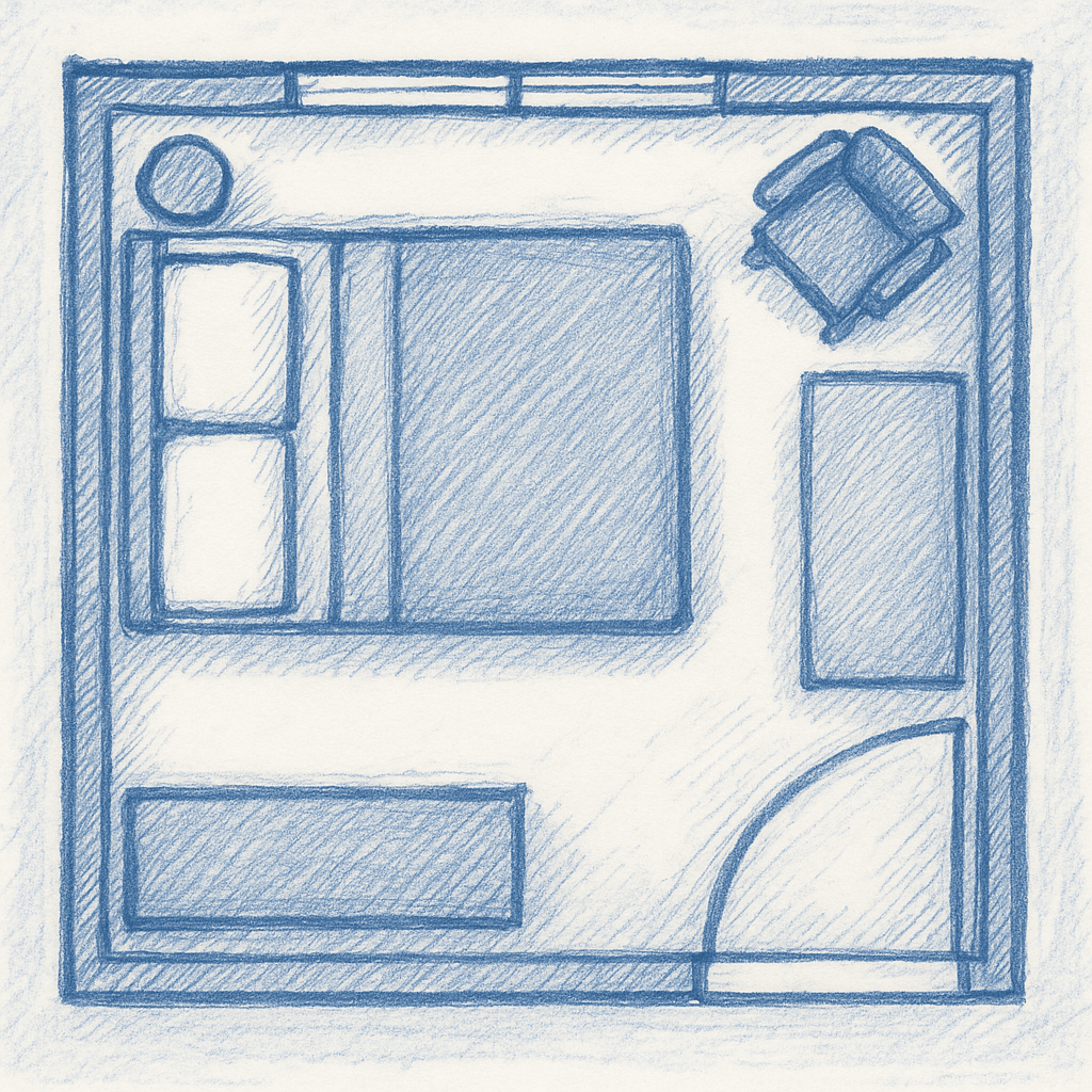 Square Bedroom with Protected Bed and Natural Flow