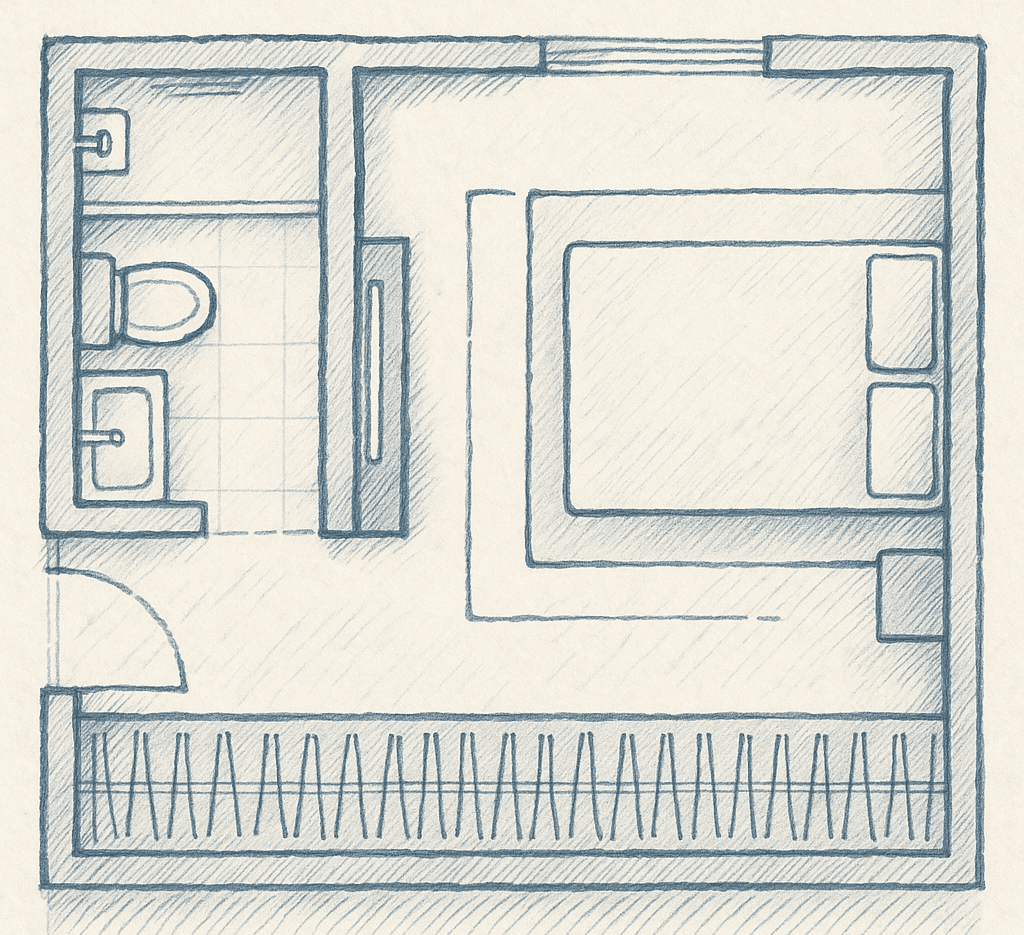 Compact Bedroom with Wall-Aligned Bed and Hidden Bathroom